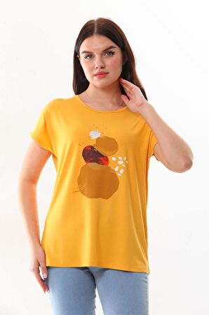 Sistas Kadın Desenli Kısa Kol Penye Bluz 23003 Sarı