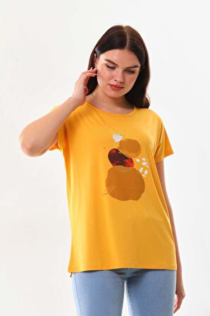 Sistas Kadın Desenli Kısa Kol Penye Bluz 23003 Sarı