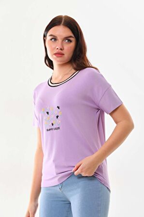 Sistas Kadın Çiçek İşlemeli Bisiklet Yaka Kısa Kol Bluz 23048 Lila