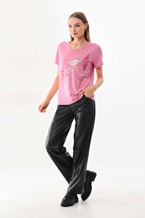 Sistas Kadın Desenli Kısa Kol Bluz 23143 Gül Kurusu