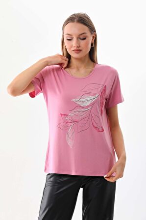 Sistas Kadın Desenli Kısa Kol Bluz 23143 Gül Kurusu