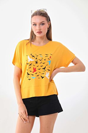 Sistas Kadın Desenli Kısa Kol Bluz 23141 Sarı