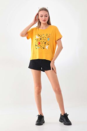 Sistas Kadın Desenli Kısa Kol Bluz 23141 Sarı