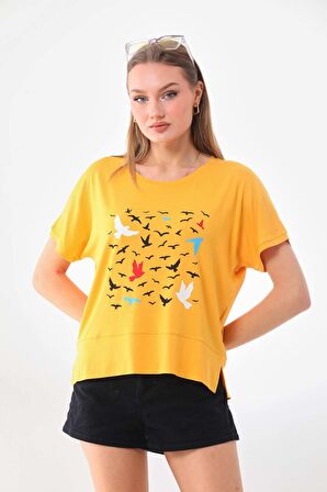 Sistas Kadın Desenli Kısa Kol Bluz 23141 Sarı