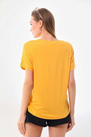 Sistas Kadın Desenli Kısa Kol Bluz 23141 Sarı