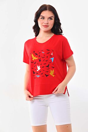 Sistas Kadın Desenli Kısa Kol Bluz 23141 Kırmızı
