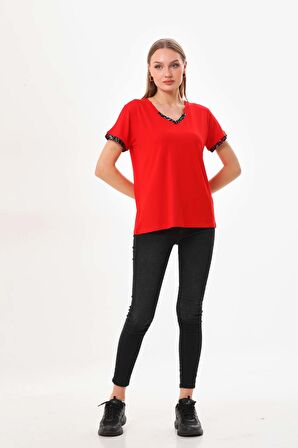 Sistas Kadın V Yaka Kısa Kol Bluz 23152 Kırmızı