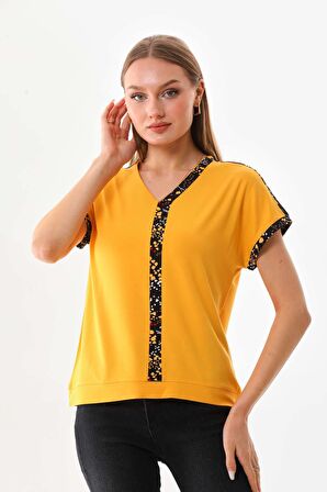 Sistas Kadın Desenli V Yaka Kısa Kol Bluz 23151 Sarı