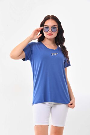 Sistas Kadın Zebra Desenli Kısa Kol Bluz 23118 Indigo