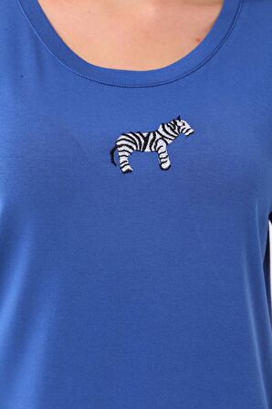 Sistas Kadın Zebra Desenli Kısa Kol Bluz 23118 Indigo