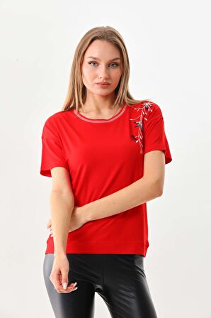 Sistas Kadın Çiçek İşlemeli Kısa Kol Bluz 23114 Kırmızı