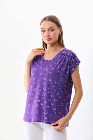 Sistas Kadın Desenli V Yaka Kısa Kol Bluz 23126 Mor