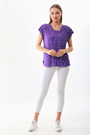 Sistas Kadın Desenli V Yaka Kısa Kol Bluz 23126 Mor