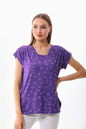 Sistas Kadın Desenli V Yaka Kısa Kol Bluz 23126 Mor