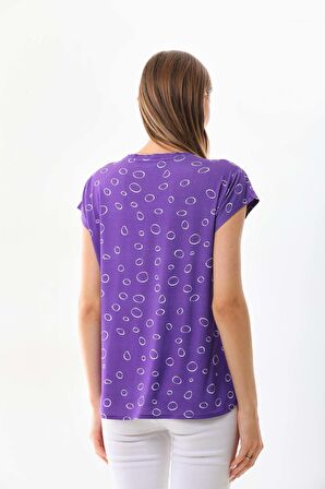 Sistas Kadın Desenli V Yaka Kısa Kol Bluz 23126 Mor