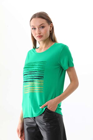 Sistas Kadın Taş Detaylı Desenli Kısa Kol Bluz 23165 Benetton