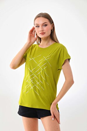 Sistas Kadın Çizgi Desenli Kısa Kol Bluz 23166 Yağ Yeşili