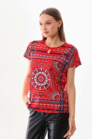 Sistas Kadın Desenli Pencere Detaylı Kısa Kol Bluz 23145 Kırmızı