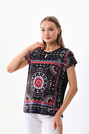Sistas Kadın Desenli Pencere Detaylı Kısa Kol Bluz 23145 Siyah