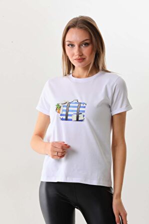 Sistas Kadın Pamuklu Resim Detaylı Kısa Kol Bluz 23097 Beyaz