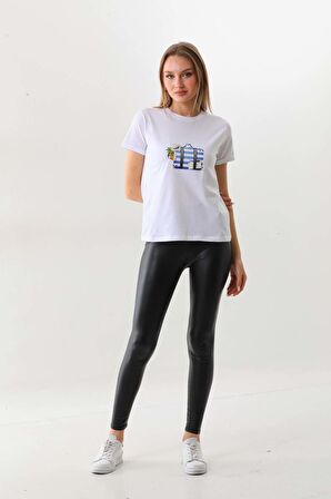 Sistas Kadın Pamuklu Resim Detaylı Kısa Kol Bluz 23097 Beyaz