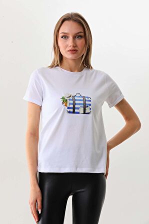 Sistas Kadın Pamuklu Resim Detaylı Kısa Kol Bluz 23097 Beyaz