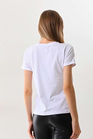 Sistas Kadın Pamuklu Resim Detaylı Kısa Kol Bluz 23097 Beyaz