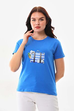 Sistas Kadın Pamuklu Resim Detaylı Kısa Kol Bluz 23097 Saks