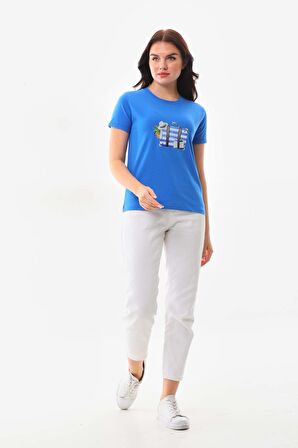 Sistas Kadın Pamuklu Resim Detaylı Kısa Kol Bluz 23097 Saks