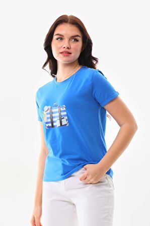 Sistas Kadın Pamuklu Resim Detaylı Kısa Kol Bluz 23097 Saks