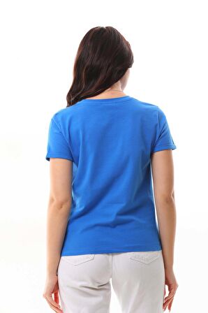 Sistas Kadın Pamuklu Resim Detaylı Kısa Kol Bluz 23097 Saks