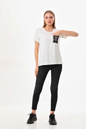 Sistas Kadın Cep Detaylı Kısa Kol Bluz 23179 Ekru