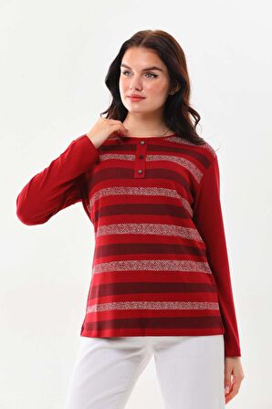 Sistas Kadın Desenli Bisiklet Yaka Uzun Kol Bluz 23596 Bordo