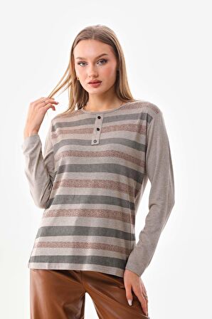 Sistas Kadın Desenli Bisiklet Yaka Uzun Kol Bluz 23596 Keten