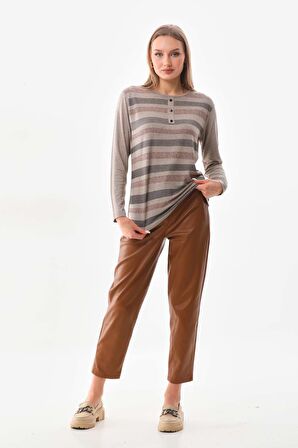 Sistas Kadın Desenli Bisiklet Yaka Uzun Kol Bluz 23596 Keten