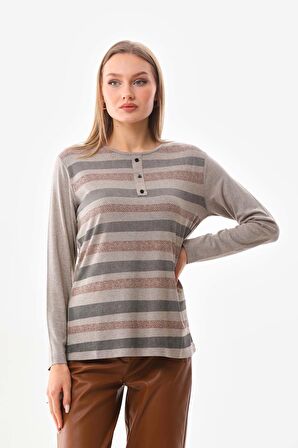 Sistas Kadın Desenli Bisiklet Yaka Uzun Kol Bluz 23596 Keten