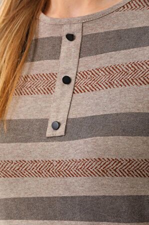 Sistas Kadın Desenli Bisiklet Yaka Uzun Kol Bluz 23596 Keten