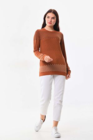 Sistas Kadın Desenli Bisiklet Yaka Uzun Kol Bluz 23597 Camel