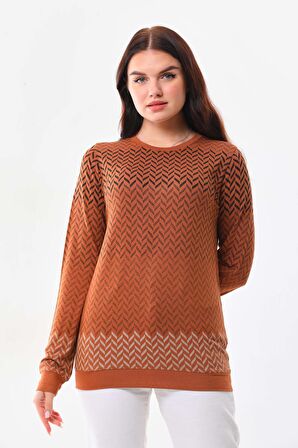 Sistas Kadın Desenli Bisiklet Yaka Uzun Kol Bluz 23597 Camel