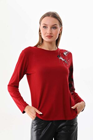 Sistas Kadın Desenli Bisiklet Yaka Uzun Kol Bluz 23598 Bordo