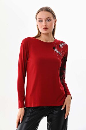 Sistas Kadın Desenli Bisiklet Yaka Uzun Kol Bluz 23598 Bordo
