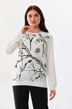 Sistas Kadın Desenli Bisiklet Yaka Uzun Kol Bluz 23508 Ekru