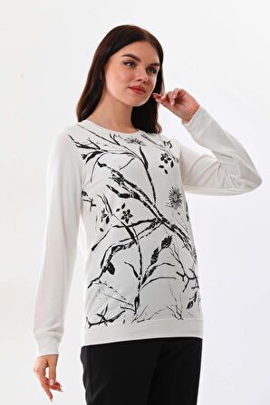 Sistas Kadın Desenli Bisiklet Yaka Uzun Kol Bluz 23508 Ekru
