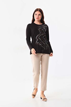 Sistas Kadın Desenli Bisiklet Yaka Uzun Kollu Bluz 23636 Siyah