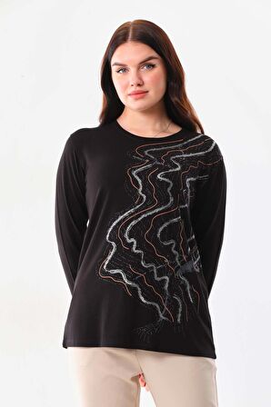 Sistas Kadın Desenli Bisiklet Yaka Uzun Kollu Bluz 23636 Siyah