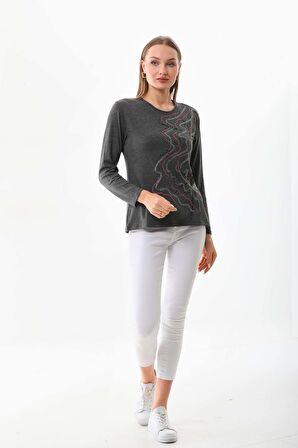 Sistas Kadın Desenli Bisiklet Yaka Uzun Kollu Bluz 23636 Antrasit