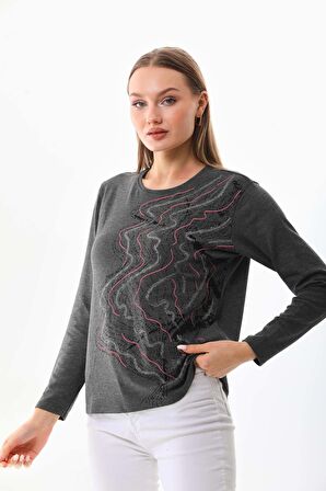 Sistas Kadın Desenli Bisiklet Yaka Uzun Kollu Bluz 23636 Antrasit