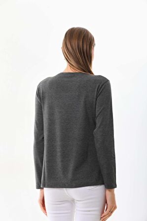 Sistas Kadın Desenli Bisiklet Yaka Uzun Kollu Bluz 23636 Antrasit