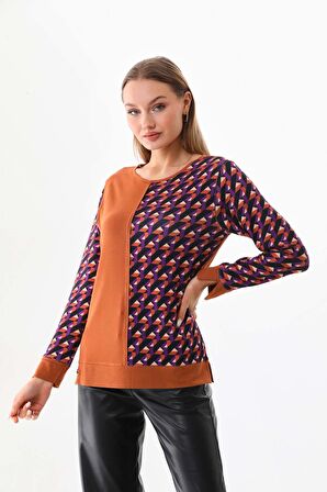 Sistas Kadın Desenli Bisiklet Yaka Uzun Kol Bluz 23592 Camel