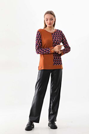 Sistas Kadın Desenli Bisiklet Yaka Uzun Kol Bluz 23592 Camel